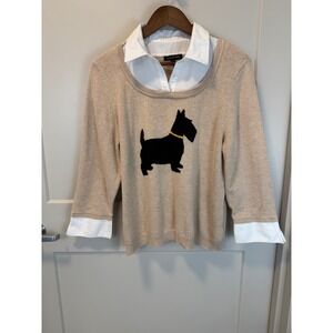 Beige Scotty Scottish Terrier Dog Sweater‎ with Collar & Cuffs Size L Notations